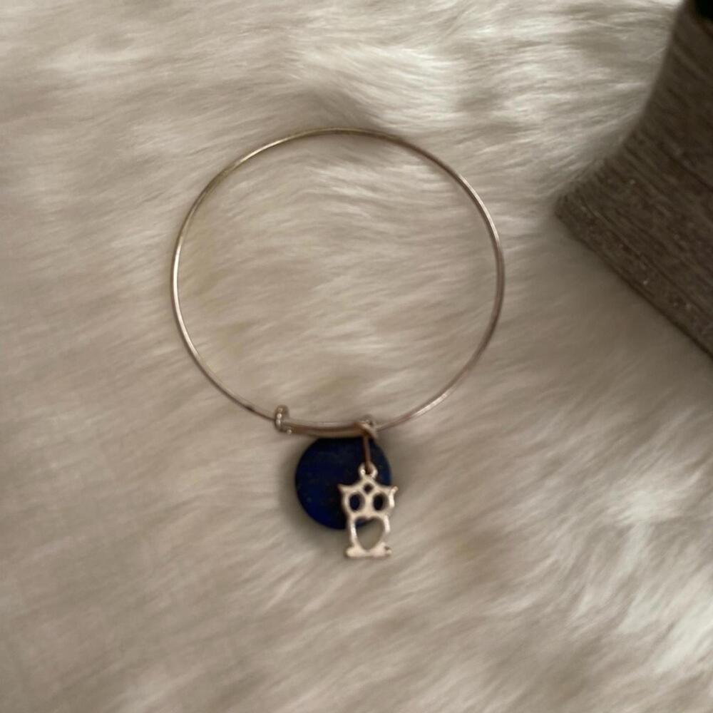 Silver Charm Bangle Bracelet with Blue Stone and Silver Owl Charm